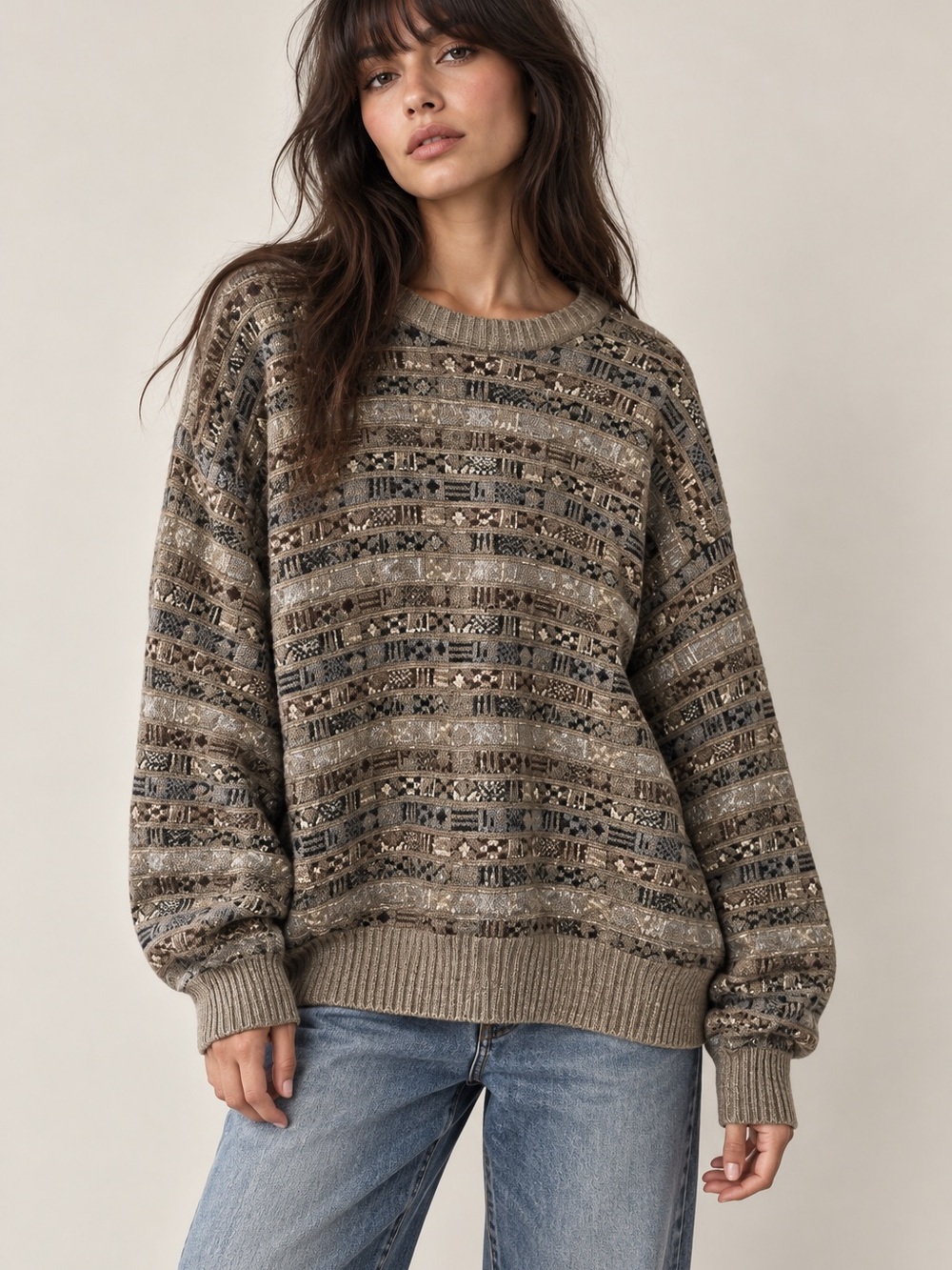 Vintage Earth Tone Geometric Textured Knit Crewneck Grandpa Sweater Cozy Cabin L